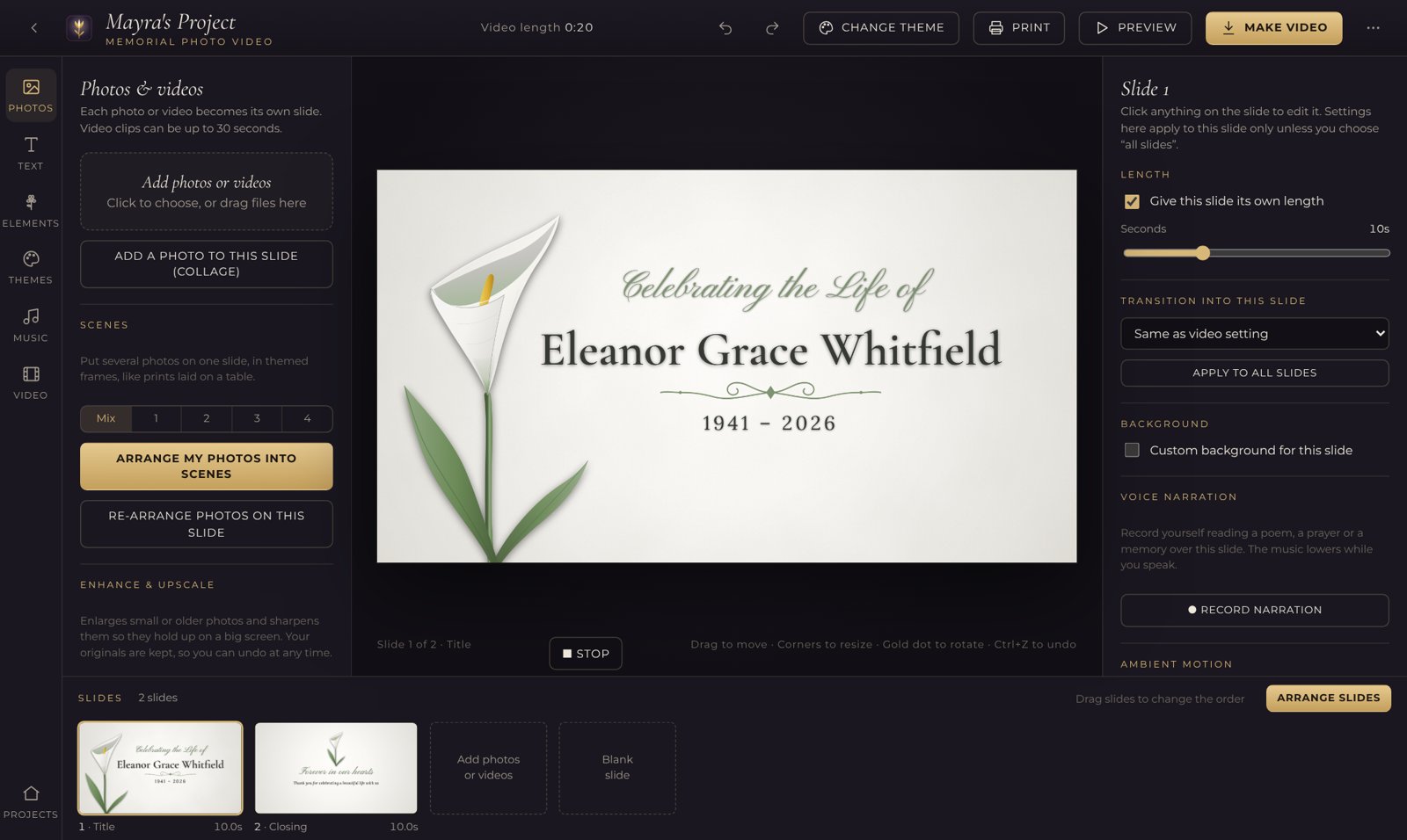 The Mayra's Project editor with the Single Calla Lily theme open